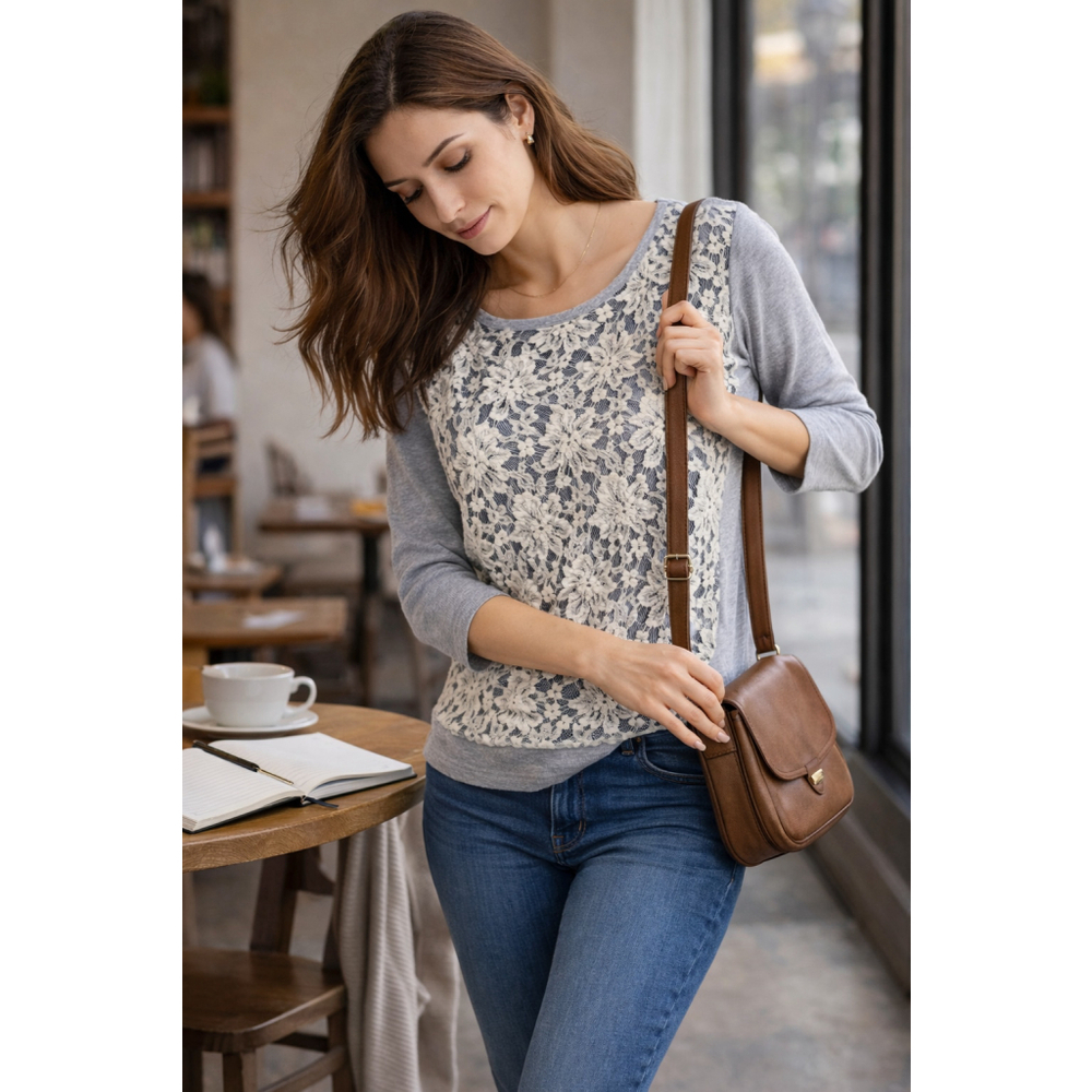 Hinge Medium Lace Front Knit Top Keyhole Back Gray Light Academia Casual